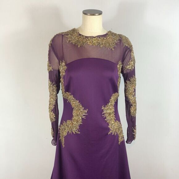 Walter Mendez Purple Evening Gown Dress Formal Prom Gold with Train - Picture 6 of 16